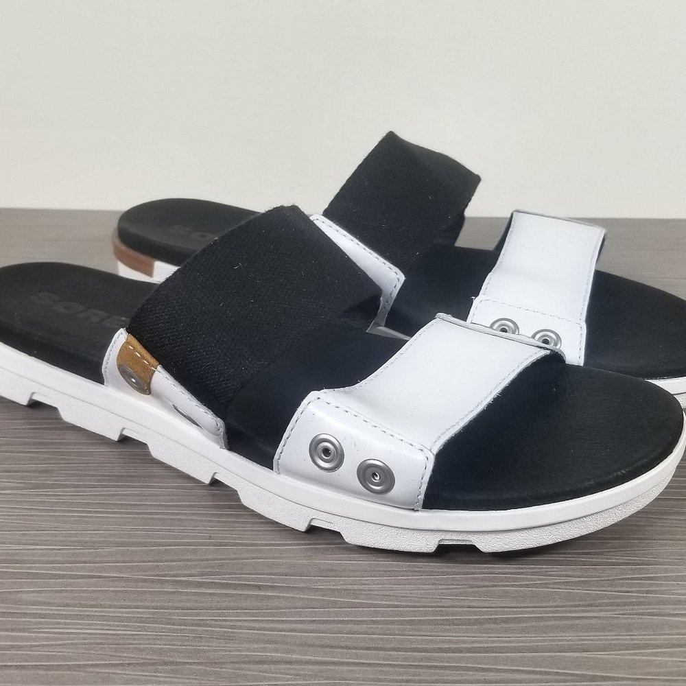 Sorel Torpeda Slip On Slide Sandal, Black & White Leather, Womens Size 9 US / 40